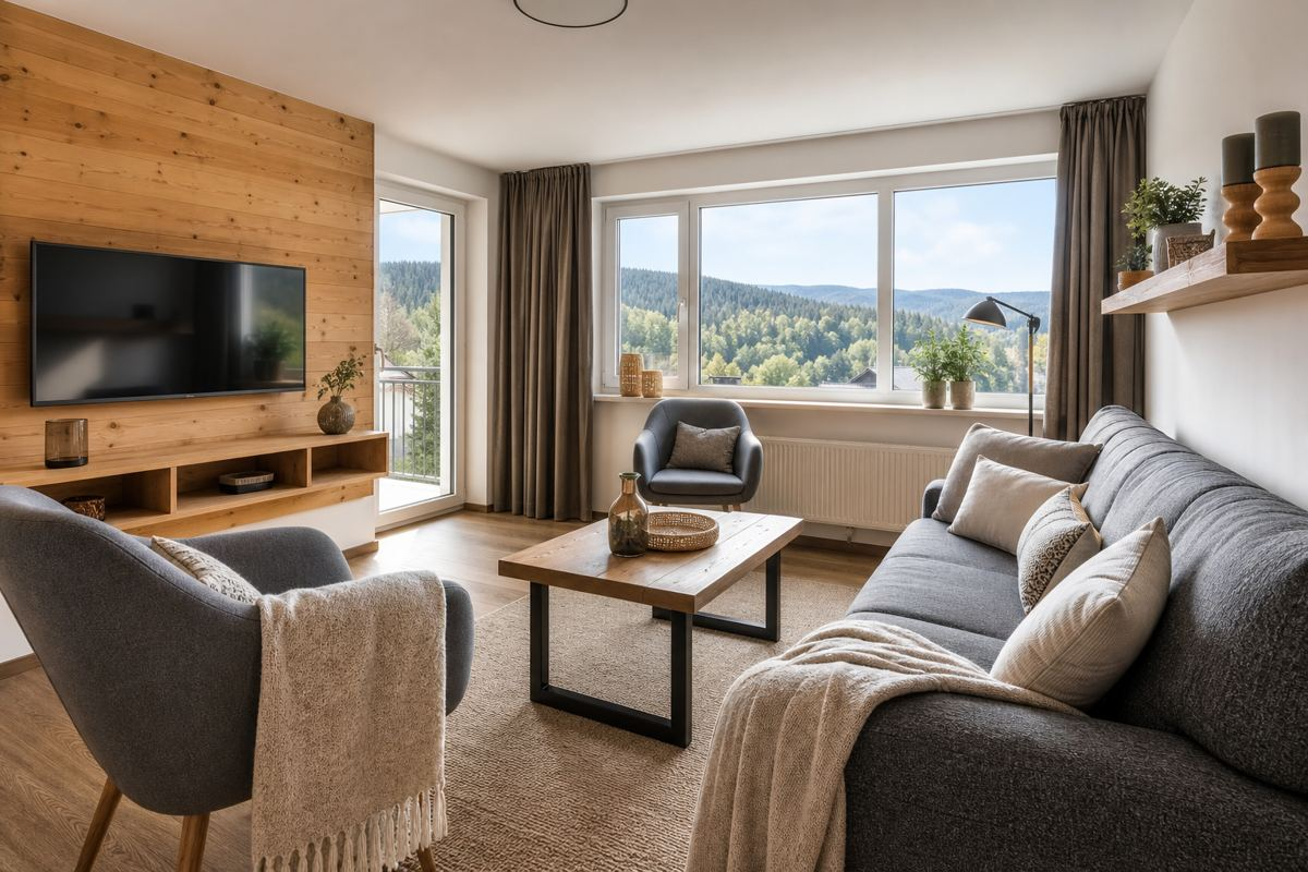 Wohnzimmer mit Bergblick, Beispielobjekt Harz