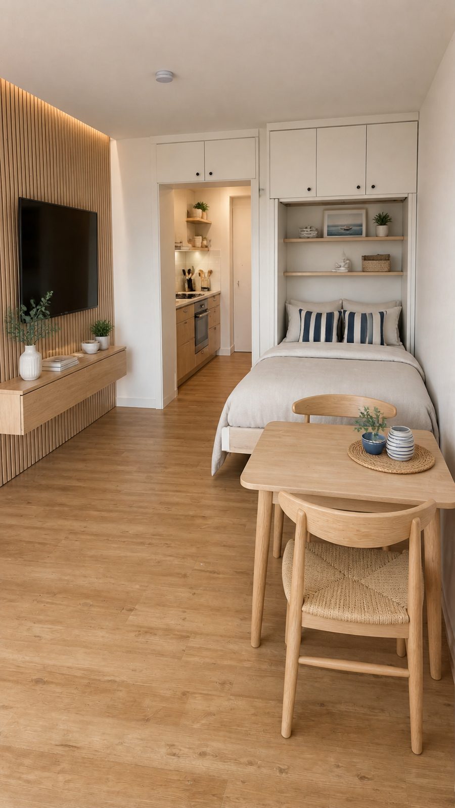 Kompakte Ferienwohnung mit Holzpaneelen, Schrankbett und Essplatz